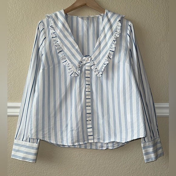 Anthropologie Maeve Ruffled Collar Buttondown Long Sleeve White Striped Size 12 - Picture 1 of 12